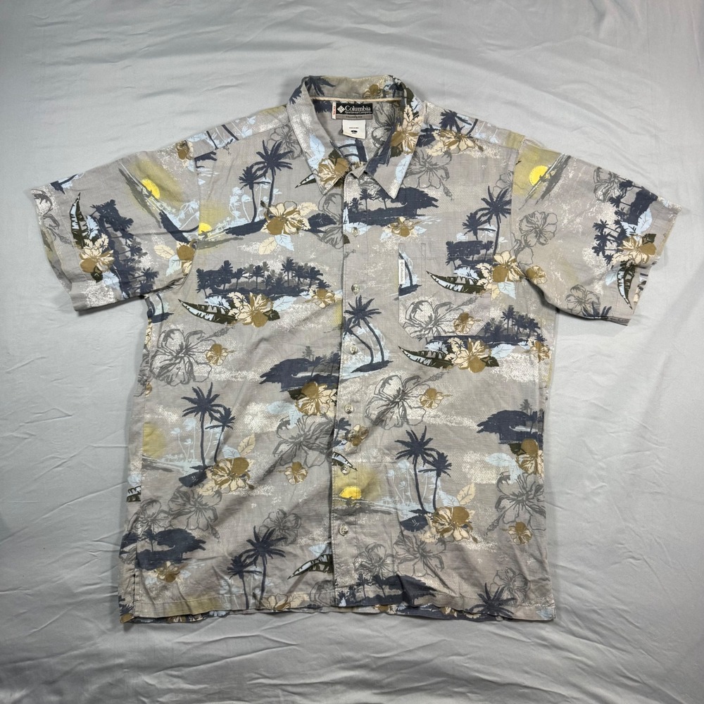 Columbia Sportswear Mens L Tropical Palm Tree‎ AOP Hawaiian Cotton Shirt